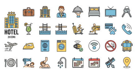 Set of 36 hotel and travel icons in a clean, modern, and artistic line style, perfect for digital and print use