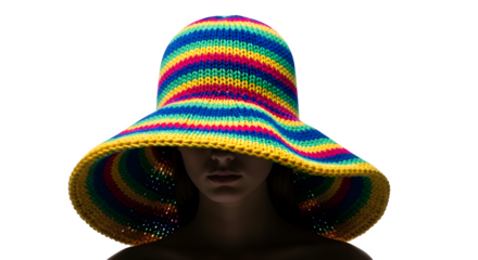 A woman wearing a colorful rainbow hat isolated on transparent background, perfect for adding a touch of whimsy to any project