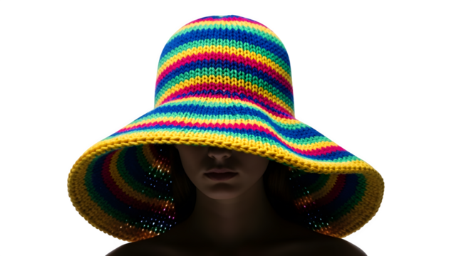 A woman wearing a colorful rainbow hat isolated on transparent background, perfect for adding a touch of whimsy to any project