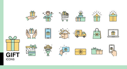 Sleek line icon collection featuring presents, shopping carts, and delivery services for web and mobile applications