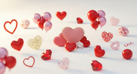 Valentine's day romantic hearts balloons gems and confetti scatter