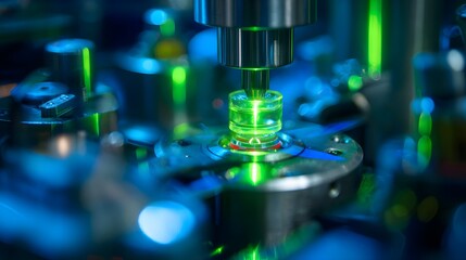 Close-up of a laboratory machine with green laser light