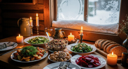 Cozy winter feast on a wooden table, illuminated by candlelight, with diverse dishes and a snow-covered landscape outside a window.