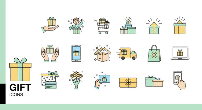 Sleek line icon collection featuring presents, shopping carts, and delivery services for web and mobile applications