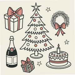 Christmas Celebration Elements  Decorated Tree, Gifts, Cake, Champagne  Festive Vector Illustration