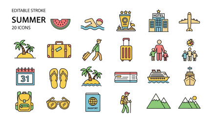 Aesthetic Summer Travel and Leisure Icons Set with Holiday Destinations, Activities, and Essential Items in a Contemporary Line Design
