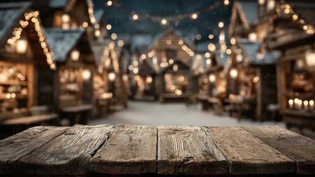 Cozy winter scene at a snowy christmas market, with twinkling lights and european stalls. Perfect for showcasing holiday products. Ready for product montage. Mockup.