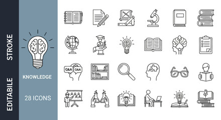 Sleek line icon collection featuring symbols of knowledge and learning. Editable stroke illustrations for education, science, and research