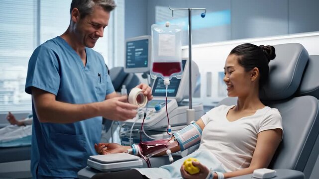 Blood Donation Procedure - An Asian woman is donating blood while a male doctor in scrubs attends to the process.