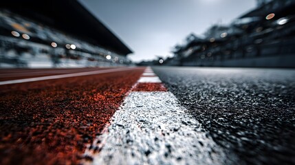 Race track perspective with asphalt and red racing lane, leading lines