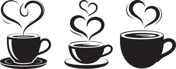 Three coffee cups emitting heart shaped steam illustration on white background