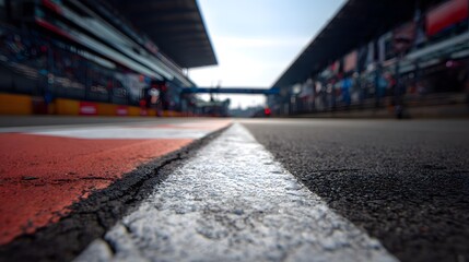 Race track perspective with white line and red curb, leading to the distance