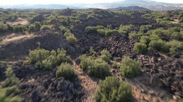 Aerial view of Kula Geo Park. İt  is a UNESCO registered volcanic geo park at Manisa Turkey 