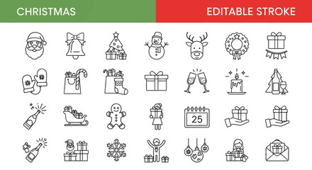 A Festive Collection of Minimalist Christmas Line Icons, Perfect for Holiday Season Designs, Winter Celebrations, and Digital Decor Vector Set