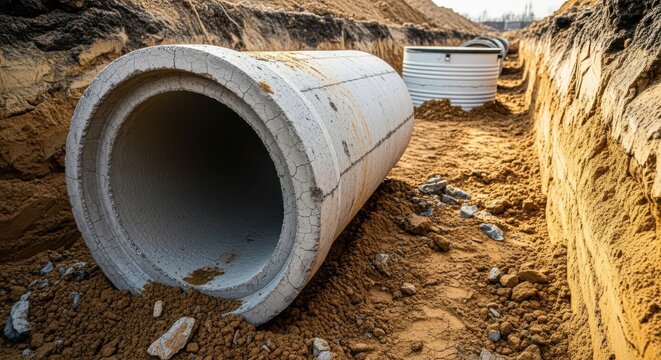 Large concrete drainage pipe lying on the ground in a trench, ready to be installed as part of a new construction project, ensuring proper water flow and preventing flooding in the area