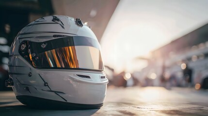 Racing helmet on the ground with a blurred background of a race track