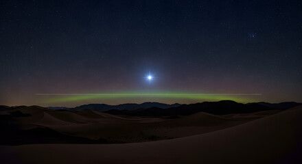 Deep night sky with a bright shining star above desert hills, a soft trail of light crossing the horizon.