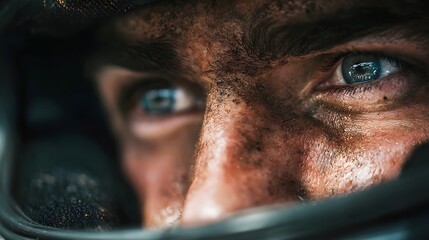Close-up of a determined man's eyes, covered in dirt, intense gaze