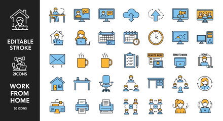 Dynamic Collection of Sleek Line Icons Illustrating Remote Work Scenarios, Home Office Productivity, and Virtual Collaboration