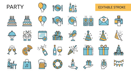 Celebration and Party Line Icons Festive Event Symbols Collection