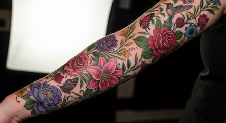 Obraz premium Woman with full arm sleeve tattoo displaying colorful floral design with butterflies and hummingbird. Body art concept.