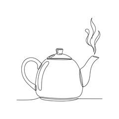 Obraz premium Simple line drawing of a steaming teapot on a white background