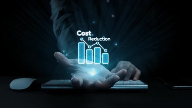 A digital representation of cost reduction strategies shows charts and icons emerging from a hand. This image symbolizes innovation and financial growth in modern business. Qubit