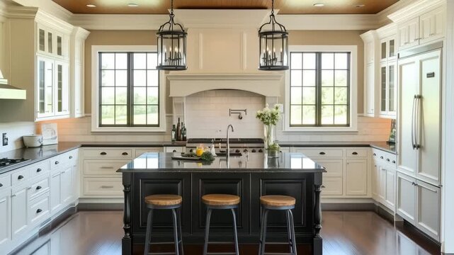 Modern Queen Anne kitchen with black island, white cabinets, and pendant lights.