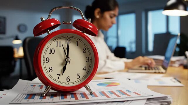 Deadline approaching in the office - A red alarm clock sits on a desk covered in paperwork and charts, signaling a looming deadline.