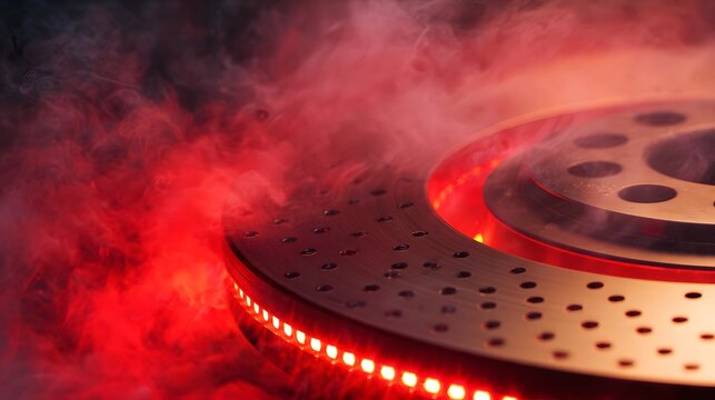 Glowing brake disc with red LED lights and smoke in a dramatic studio shot
