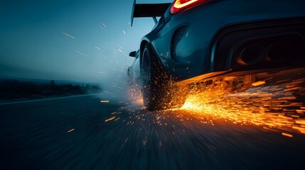 Dramatic shot of a sports car drifting on a dark road, sparks flying