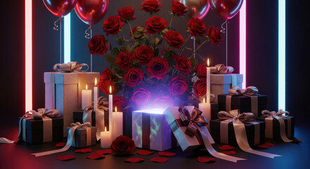 Romantic surprise gift box with red roses, candles and balloons