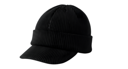 Black knitted beanie hat with visor isolated on transparent background, a stylish and practical accessory for cold weather days