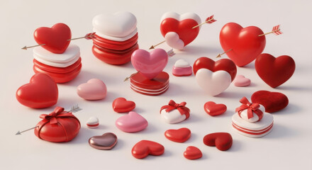 Various heart shapes and gifts symbolizing love and romance