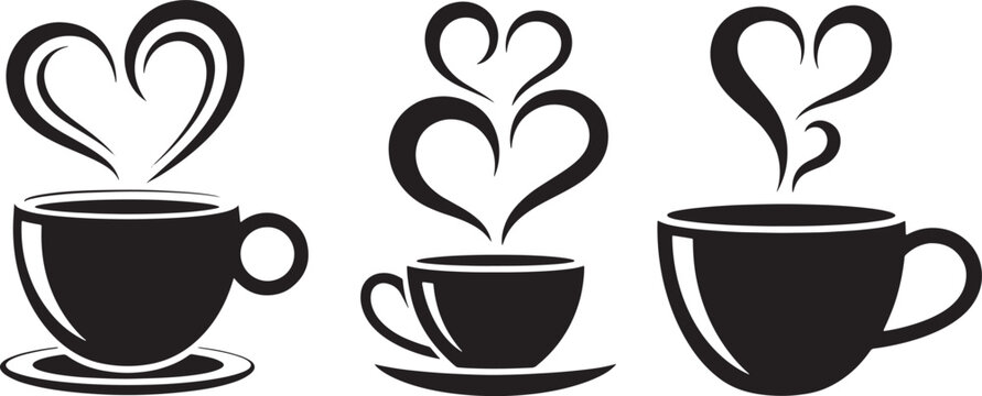 Three cups of coffee with heart shaped steam black and white