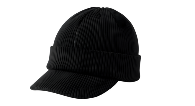 Black knitted beanie hat with visor isolated on transparent background, a stylish and practical accessory for cold weather days