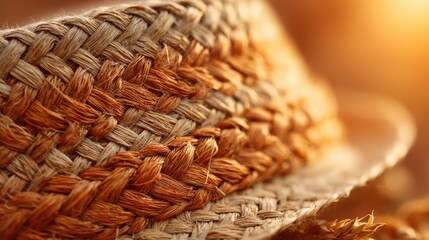 A woven straw hat is placed on a pile of hay during sunset. The warm orange light highlights the intricate patterns and textures of the hat, creating a serene mood.