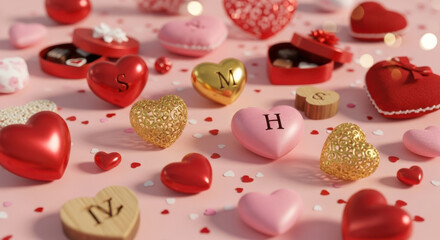 Heart shaped objects with letters and gifts, romantic theme celebration