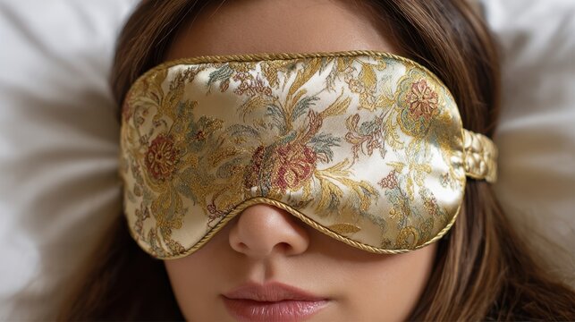 A woman rests comfortably in bed wearing an ornate sleep mask. Soft bedding surrounds her as she enjoys a peaceful moment of relaxation, likely taking a midday nap.