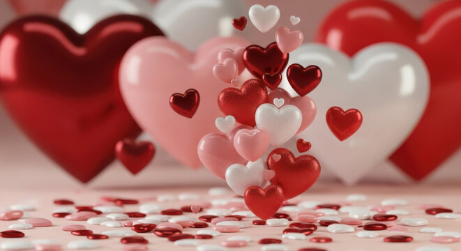 Heart shapes and confetti on pink surface, love concept