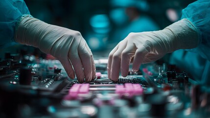 Surgeons' hands in sterile gloves preparing surgical instruments in an operating room