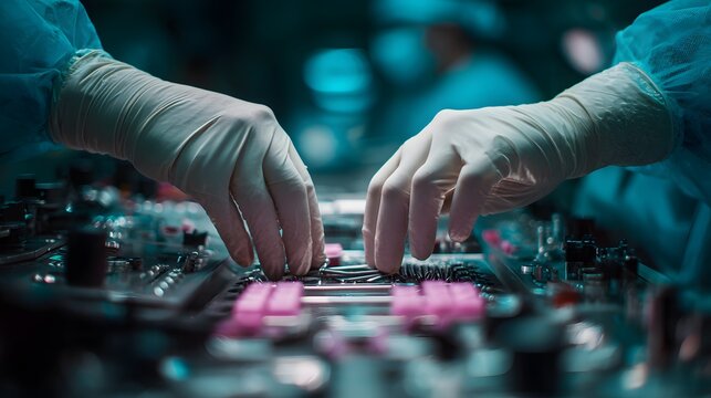 Surgeons' hands in sterile gloves preparing surgical instruments in an operating room