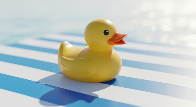 Yellow rubber duck toy on blue and white surface cheerful sunny daytime shot - Powered by Adobe