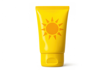 Yellow sunscreen tube protecting skin from summer sun, applying uv lotion for healthy skincare