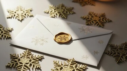 Envelope with wax seal, decorated with gold snowflakes, for seasonal greetings. Winter envelope symbolizes elegance with festive snowflakes.