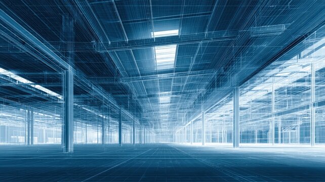 A faded blue-toned blueprint of an empty warehouse, giving it a vintage architectural drawing feel