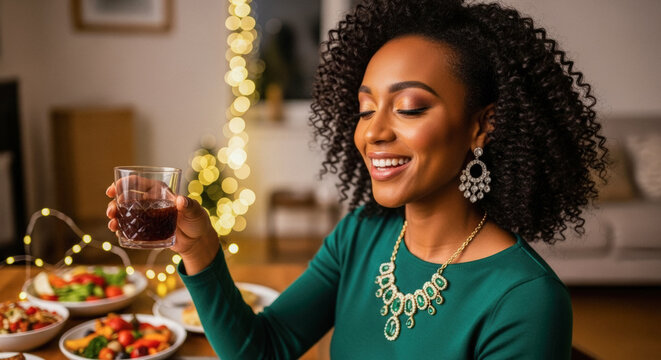 Smiling African woman toasting with a drink during a festive Christmas dinner with twinkling lights and elegant jewelry. - Powered by Adobe