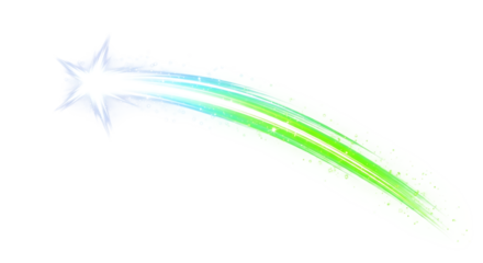 A bright star with a glowing tail of green and blue light moving across a black background space scene