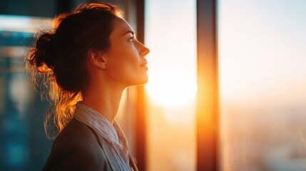 A woman stands by a large window, gazing at a vibrant sunset. The warm light illuminates her profile. She is dressed professionally and looks thoughtful as the day ends.