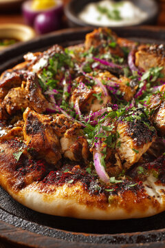 A close-up of Musakhan (roasted chicken with sumac and onions), richly flavored, served on taboon bread in a communal platter.